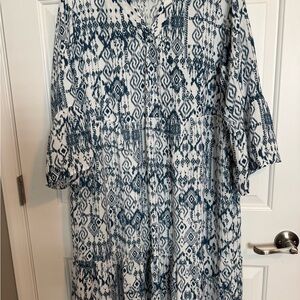 Indigo Soul Patterned Blue and White Midi Dress